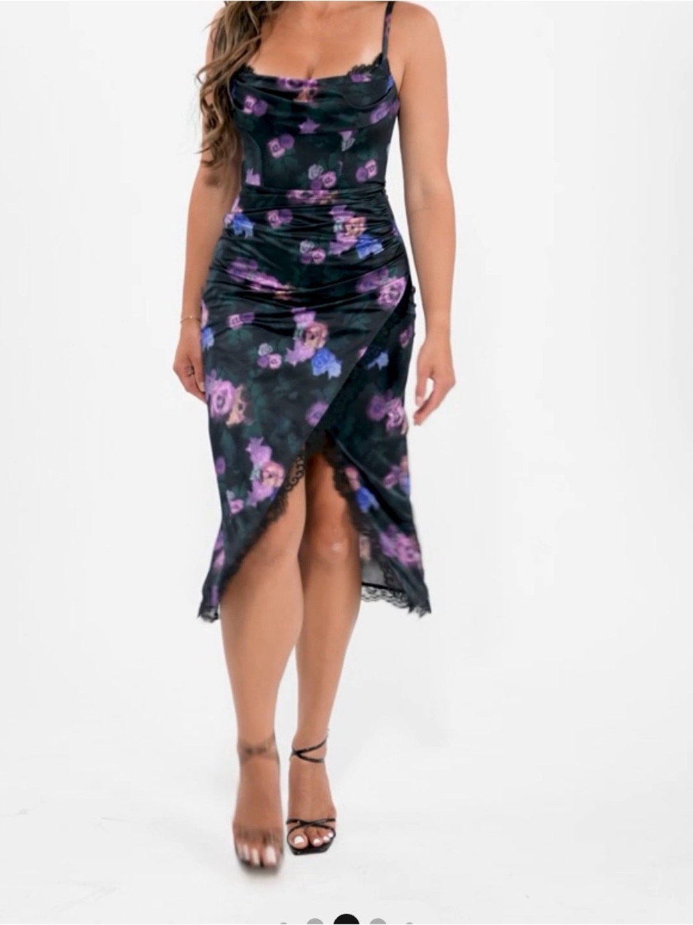 Popilush Lace Trim Sculpting Floral-Print Midi Dress